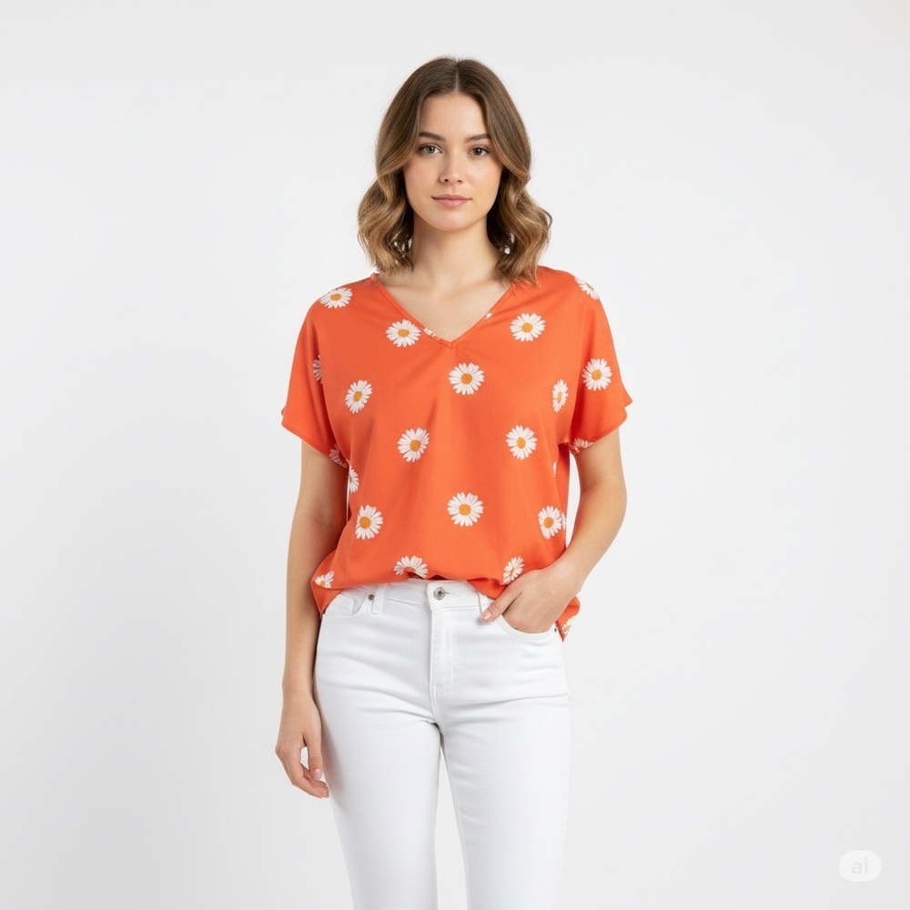 Orange Daisy Print V-Neck Top